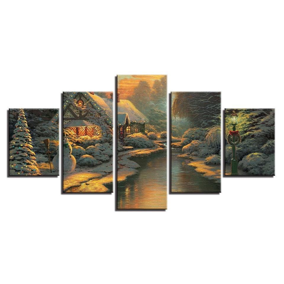 River Log Cabin 5 Piece HD Multi Panel Canvas Wall Art Frame-Original Frame