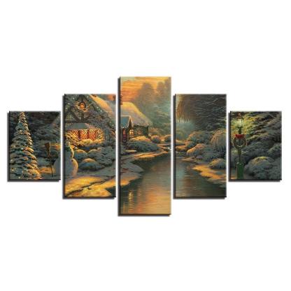 Cabin At the Bank 5 Piece HD Multi Panel Canvas Wall Art Frame-Original Frame