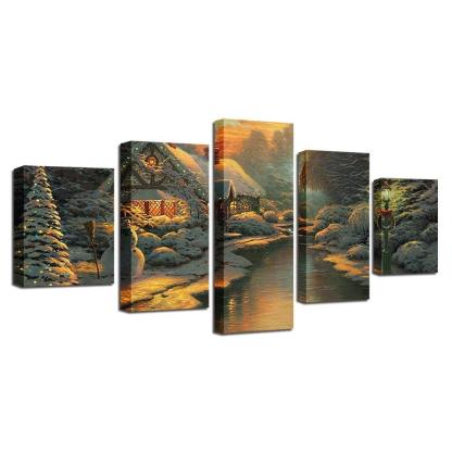 Cabin At the Bank 5 Piece HD Multi Panel Canvas Wall Art Frame-Original Frame