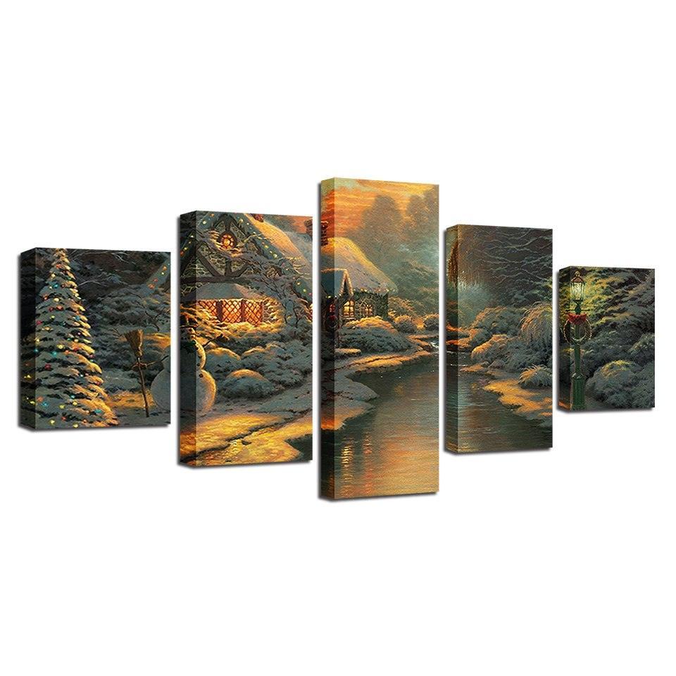River Log Cabin 5 Piece HD Multi Panel Canvas Wall Art Frame-Original Frame