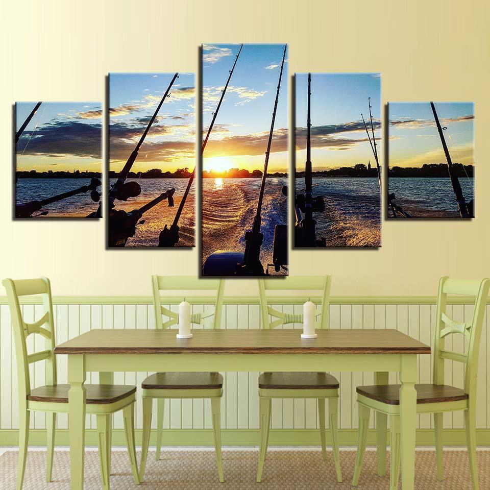Fishing Rod At Sea 5 Piece HD Multi Panel Canvas Wall Art Frame-Original Frame