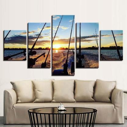 Fishing Rod At Sea 5 Piece HD Multi Panel Canvas Wall Art Frame-Original Frame