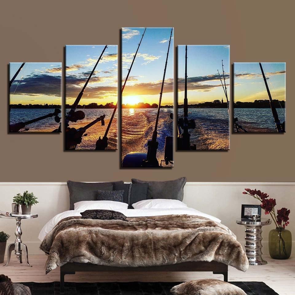 Fishing Rod At Sea 5 Piece HD Multi Panel Canvas Wall Art Frame-Original Frame