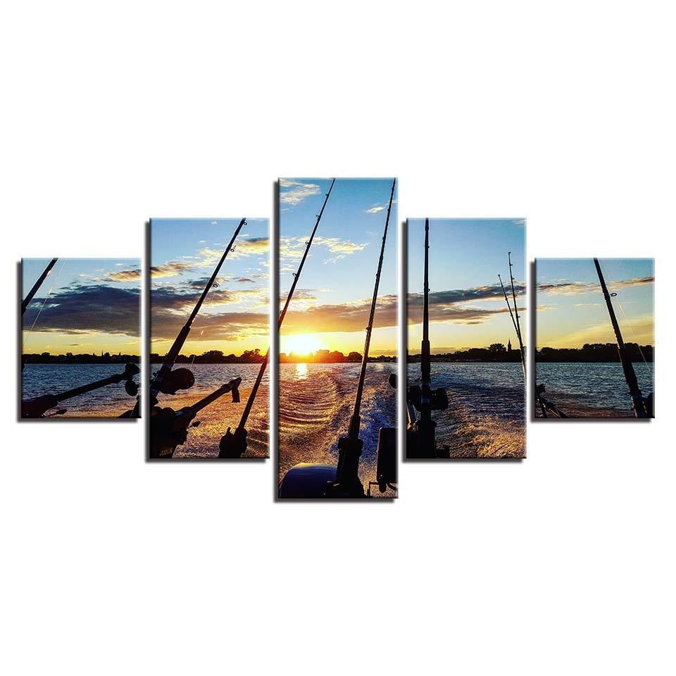 Fishing Rod At Sea 5 Piece HD Multi Panel Canvas Wall Art Frame-Original Frame
