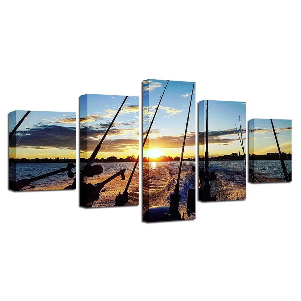 Fishing Rod At Sea 5 Piece HD Multi Panel Canvas Wall Art Frame-Original Frame
