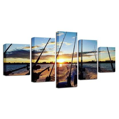 Fishing Rod At Sea 5 Piece HD Multi Panel Canvas Wall Art Frame-Original Frame
