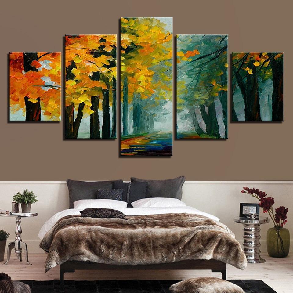 Yellow Leaves Trees Forest 5 Piece HD Multi Panel Canvas Wall Art Frame-Original Frame