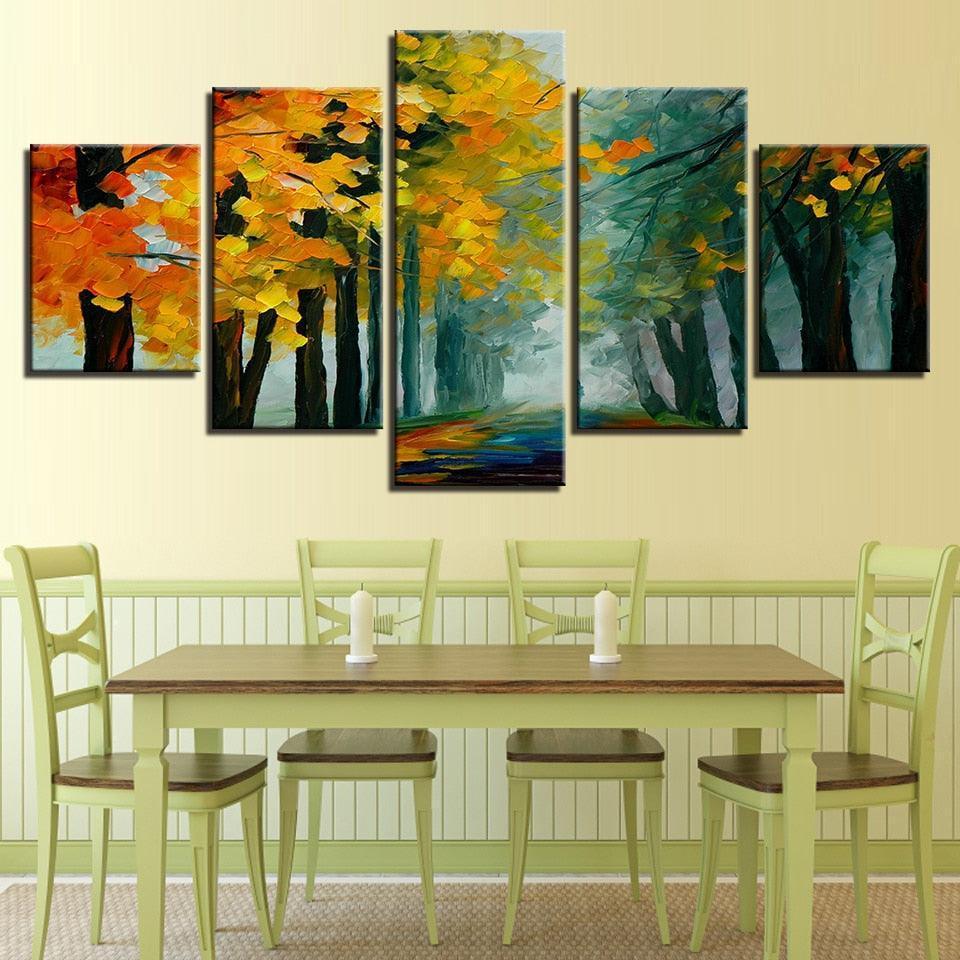 Yellow Leaves Trees Forest 5 Piece HD Multi Panel Canvas Wall Art Frame-Original Frame