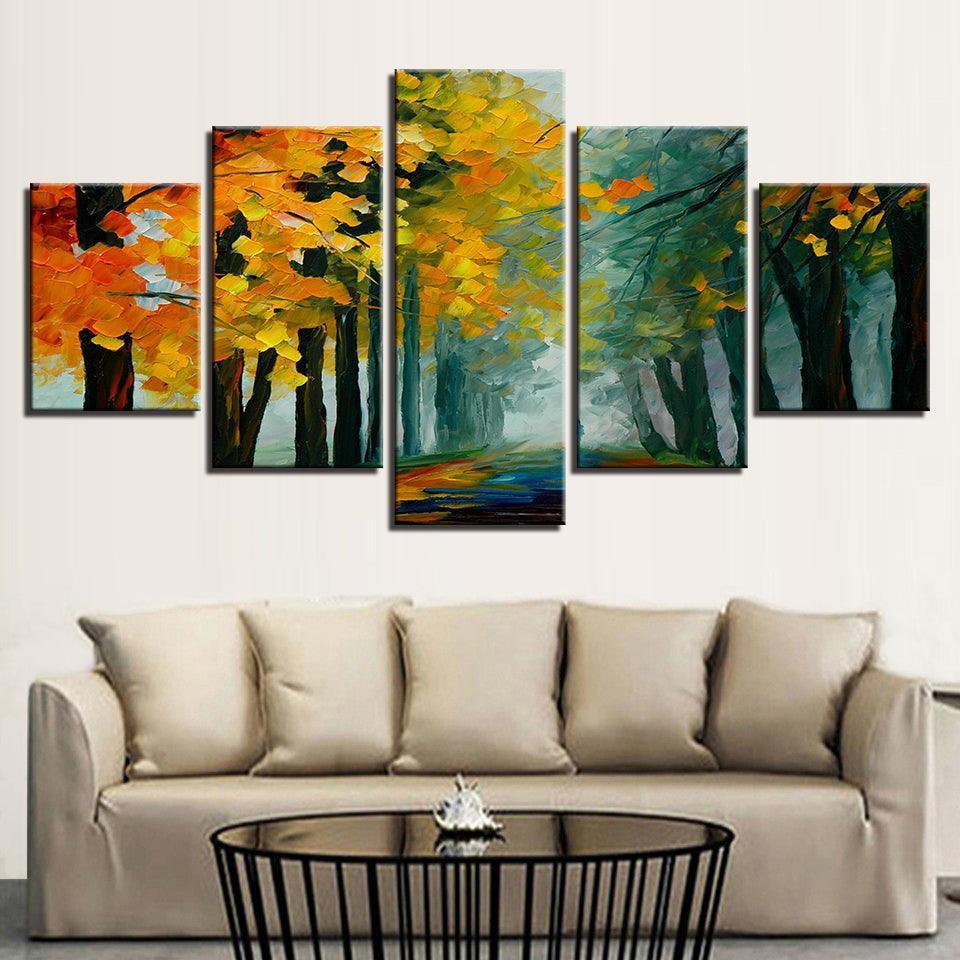 Yellow Leaves Trees Forest 5 Piece HD Multi Panel Canvas Wall Art Frame-Original Frame