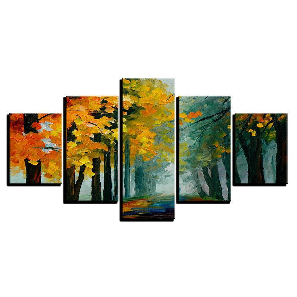 Yellow Leaves Trees Forest 5 Piece HD Multi Panel Canvas Wall Art Frame-Original Frame