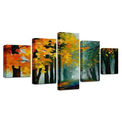Yellow Leaves Trees Forest 5 Piece HD Multi Panel Canvas Wall Art Frame-Original Frame