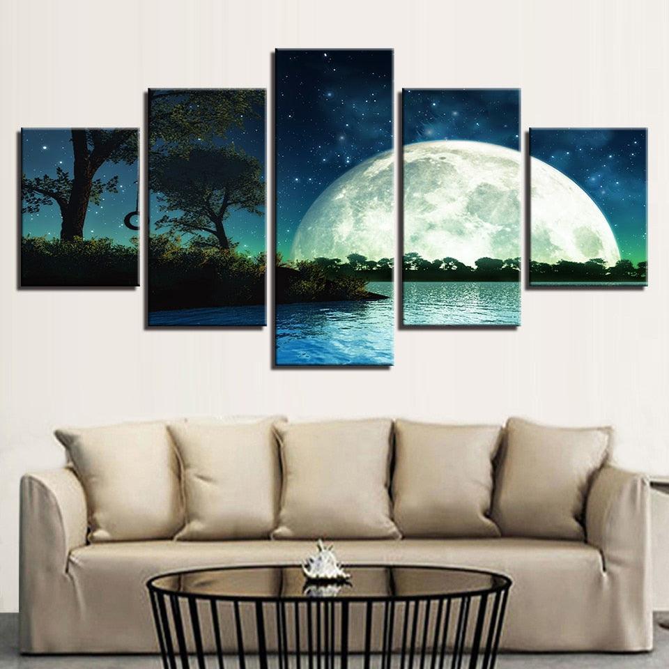 Giant Moon Rising 5 Piece HD Multi Panel Canvas Wall Art Frame-Original Frame