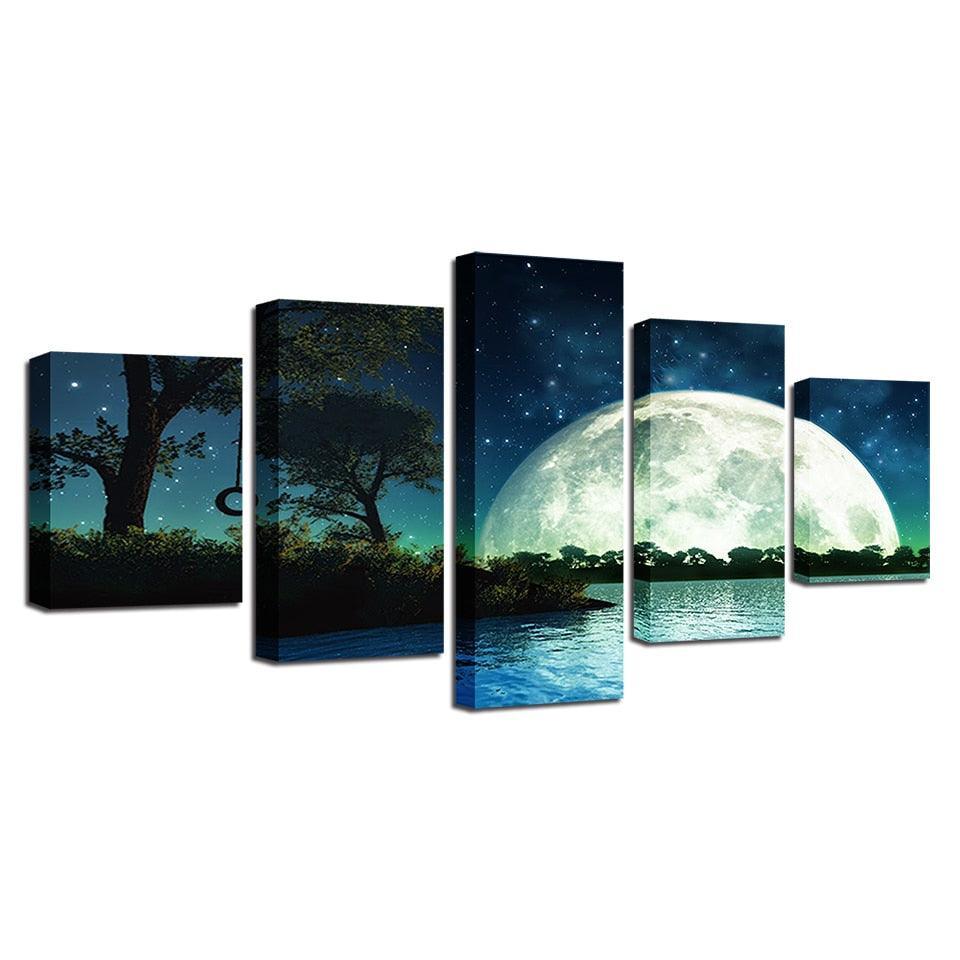Giant Moon Rising 5 Piece HD Multi Panel Canvas Wall Art Frame-Original Frame