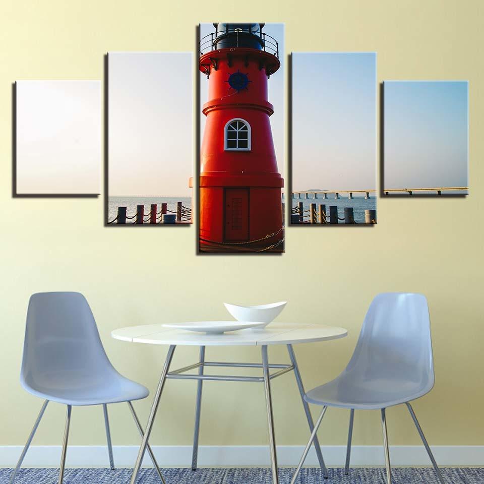 Red Lighthouse 5 Piece HD Multi Panel Canvas Wall Art Frame-Original Frame