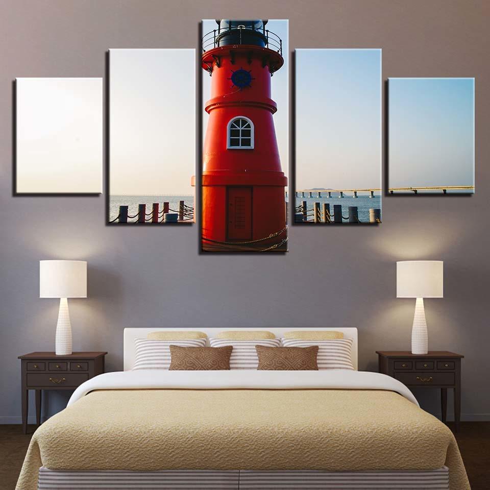 Red Lighthouse 5 Piece HD Multi Panel Canvas Wall Art Frame-Original Frame