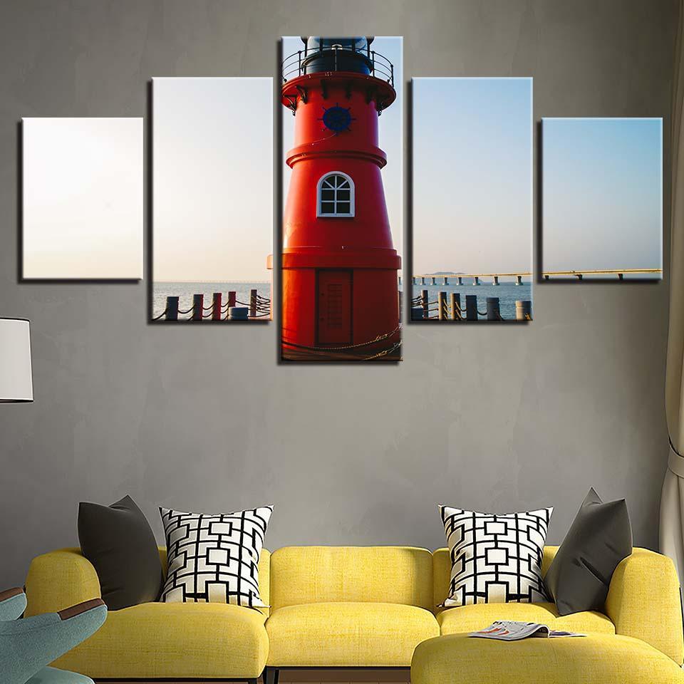 Red Lighthouse 5 Piece HD Multi Panel Canvas Wall Art Frame-Original Frame