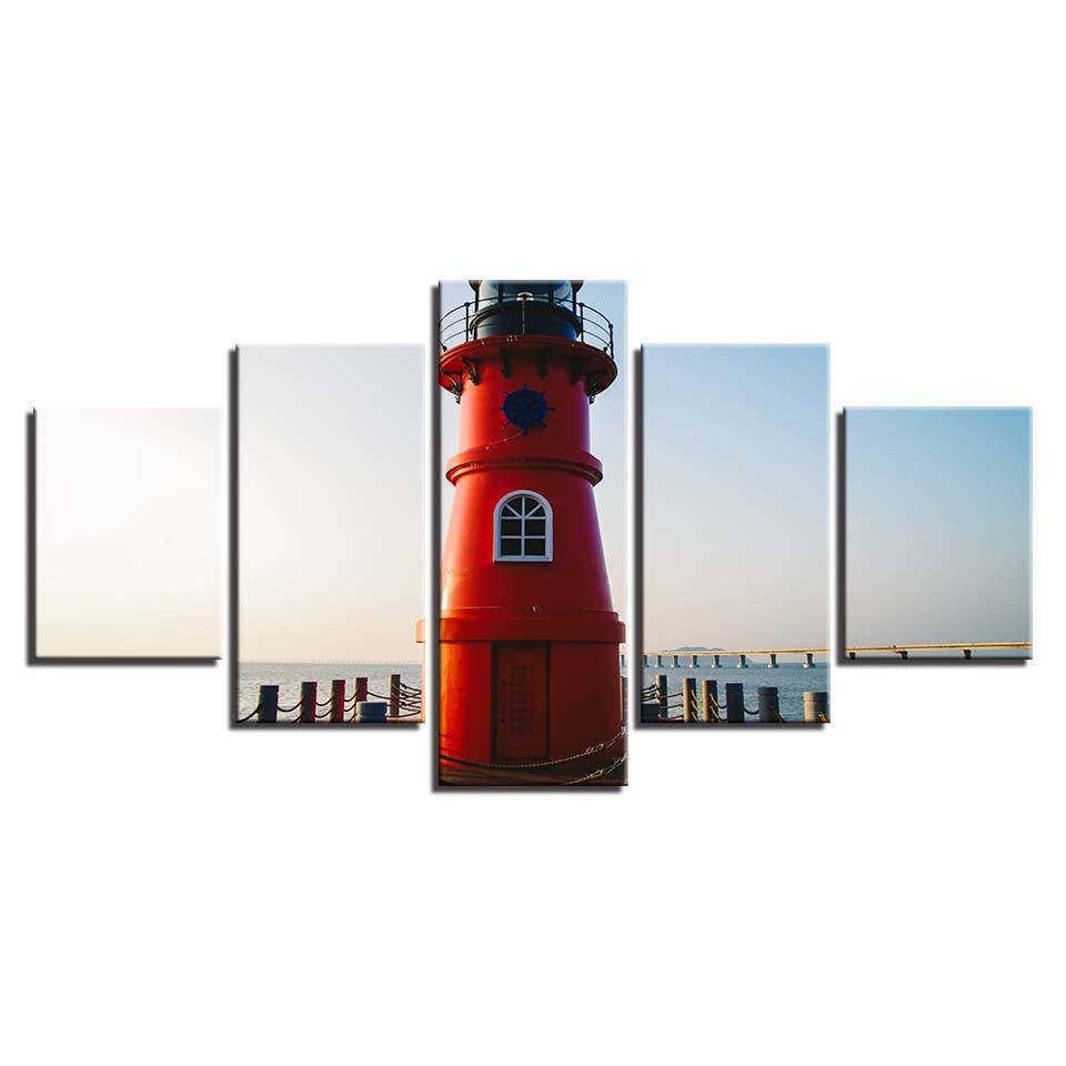 Red Lighthouse 5 Piece HD Multi Panel Canvas Wall Art Frame-Original Frame