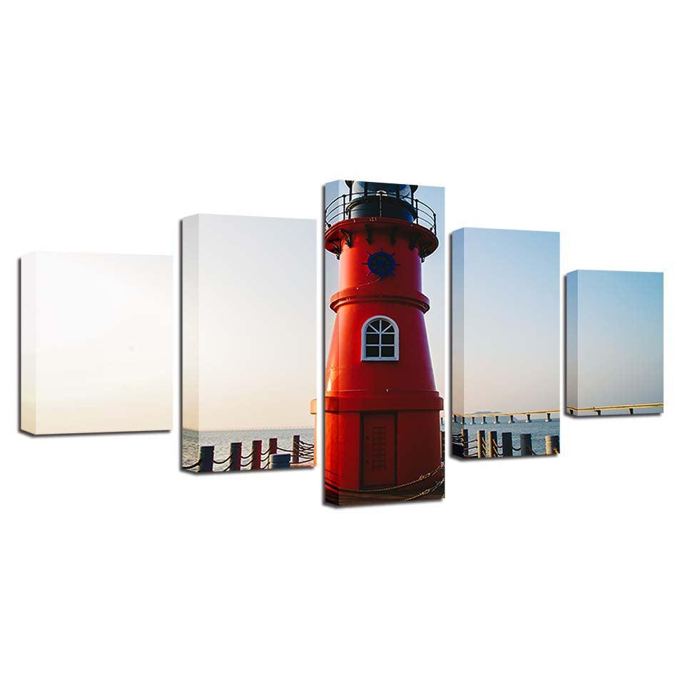 Red Lighthouse 5 Piece HD Multi Panel Canvas Wall Art Frame-Original Frame