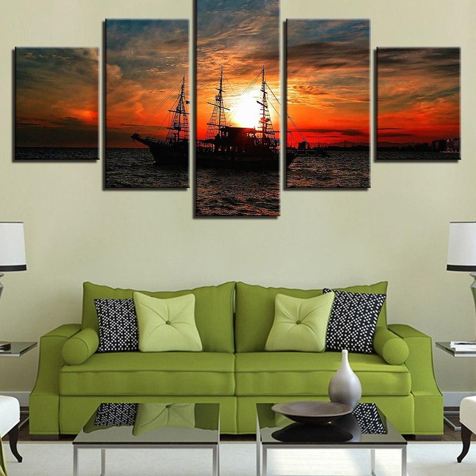 Sailing Under The Sunset 5 Piece HD Multi Panel Canvas Wall Art Frame-Original Frame
