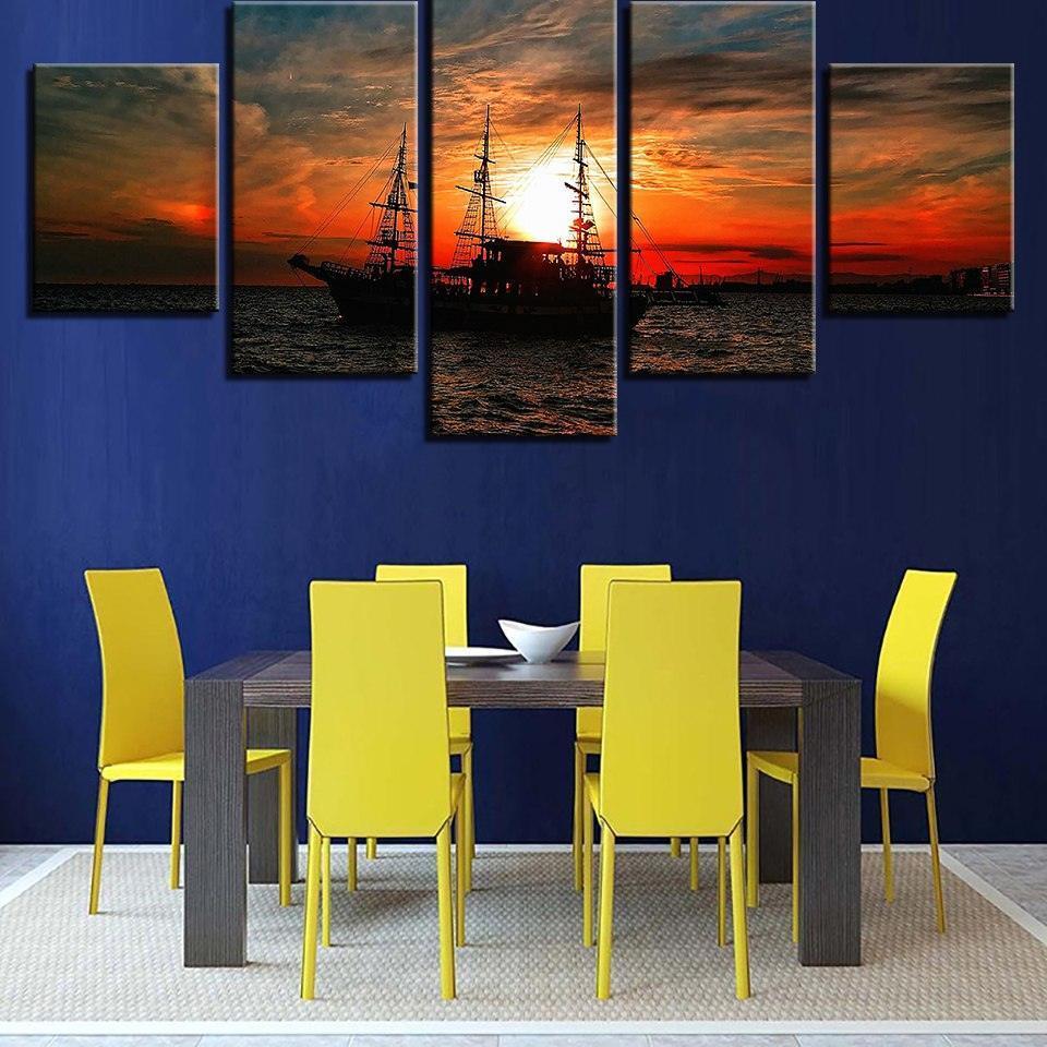 Sailing Under The Sunset 5 Piece HD Multi Panel Canvas Wall Art Frame-Original Frame