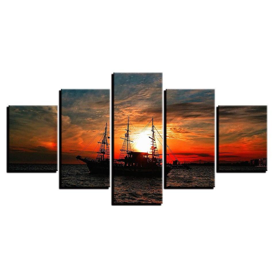 Sailing Under The Sunset 5 Piece HD Multi Panel Canvas Wall Art Frame-Original Frame