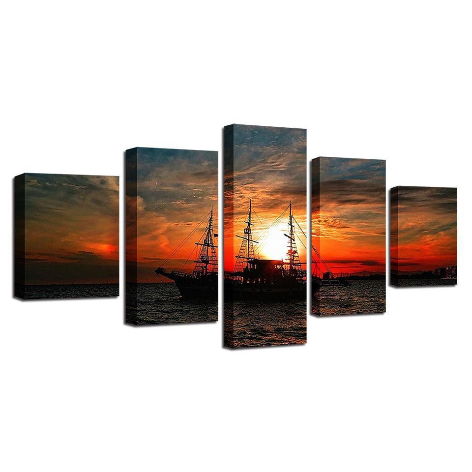Sailing Under The Sunset 5 Piece HD Multi Panel Canvas Wall Art Frame-Original Frame