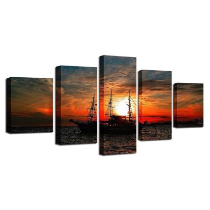 Sailing Under The Sunset 5 Piece HD Multi Panel Canvas Wall Art Frame-Original Frame