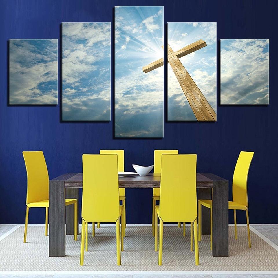 Blue Sky Jesus Cross 5 Piece HD Multi Panel Canvas Wall Art Frame-Original Frame