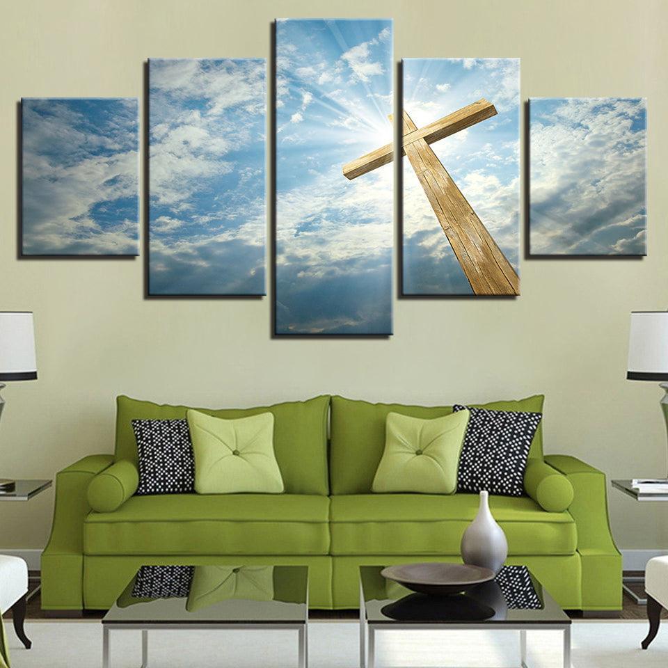 Blue Sky Jesus Cross 5 Piece HD Multi Panel Canvas Wall Art Frame-Original Frame
