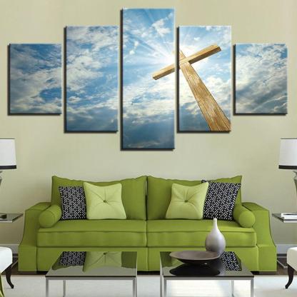 Blue Sky Jesus Cross 5 Piece HD Multi Panel Canvas Wall Art Frame-Original Frame