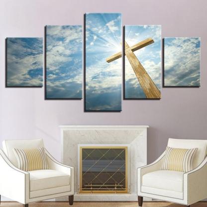 Blue Sky Jesus Cross 5 Piece HD Multi Panel Canvas Wall Art Frame-Original Frame