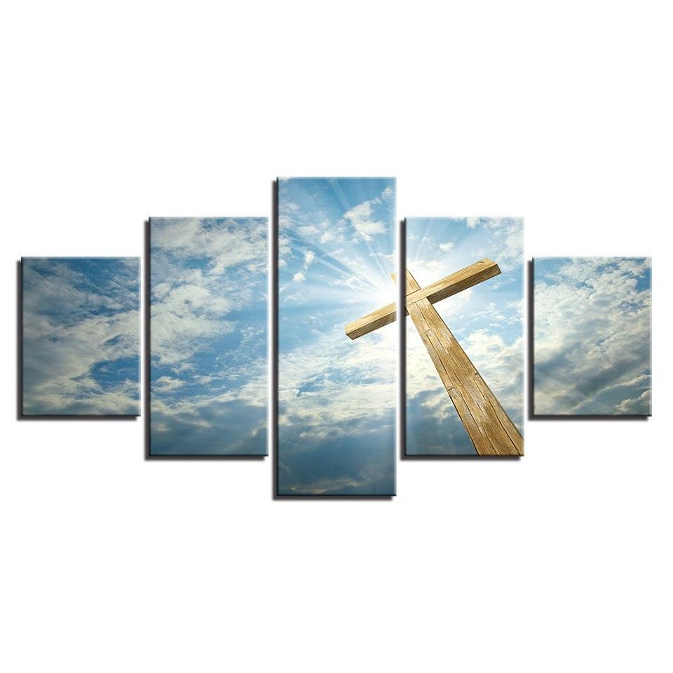 Blue Sky Jesus Cross 5 Piece HD Multi Panel Canvas Wall Art Frame-Original Frame