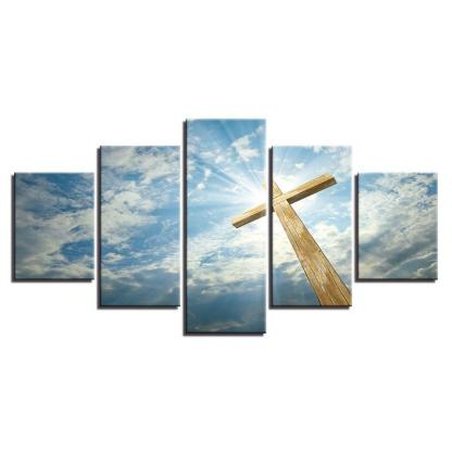 Blue Sky Jesus Cross 5 Piece HD Multi Panel Canvas Wall Art Frame-Original Frame
