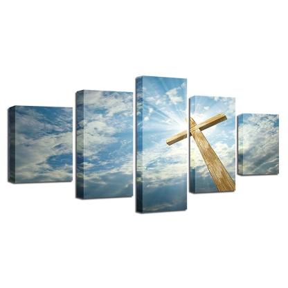 Blue Sky Jesus Cross 5 Piece HD Multi Panel Canvas Wall Art Frame-Original Frame