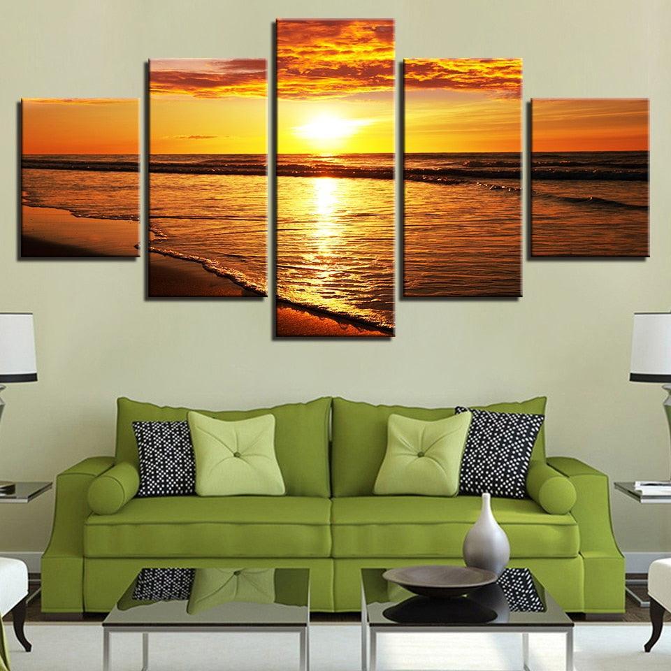 Sunset Beach Waves 5 Piece HD Multi Panel Canvas Wall Art Frame-Original Frame