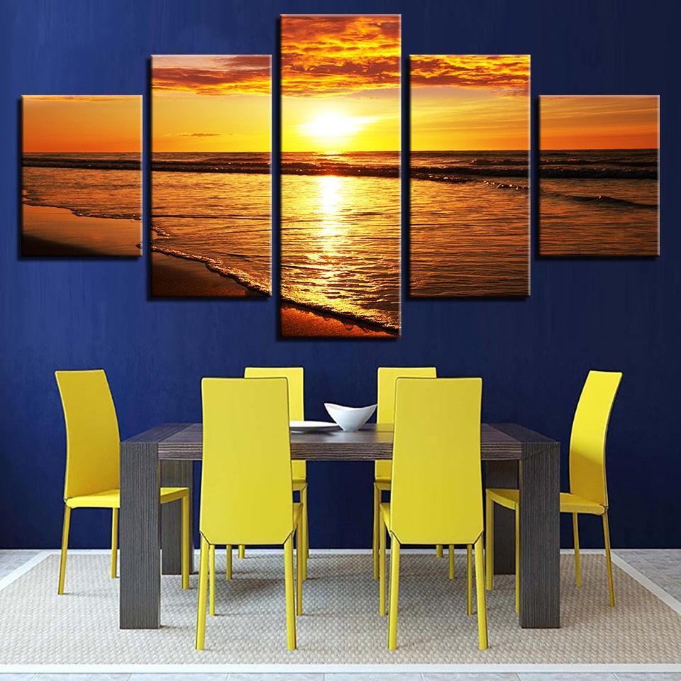 Sunset Beach Waves 5 Piece HD Multi Panel Canvas Wall Art Frame-Original Frame