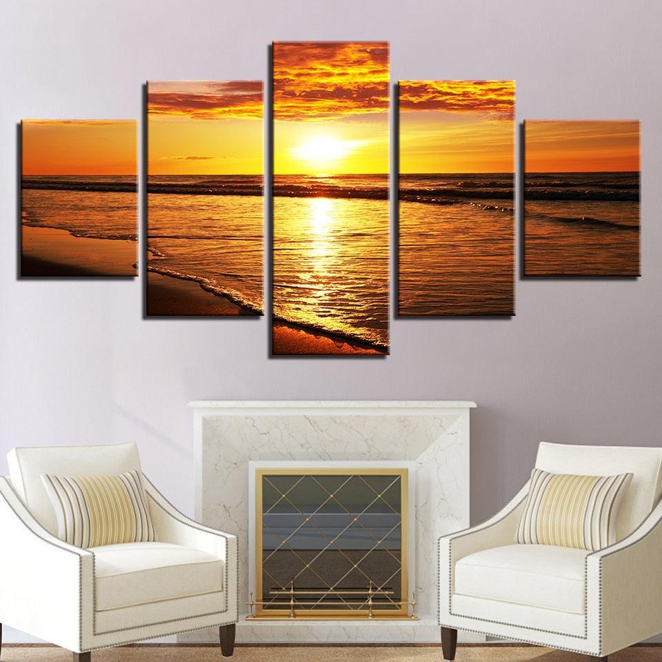 Sunset Beach Waves 5 Piece HD Multi Panel Canvas Wall Art Frame-Original Frame