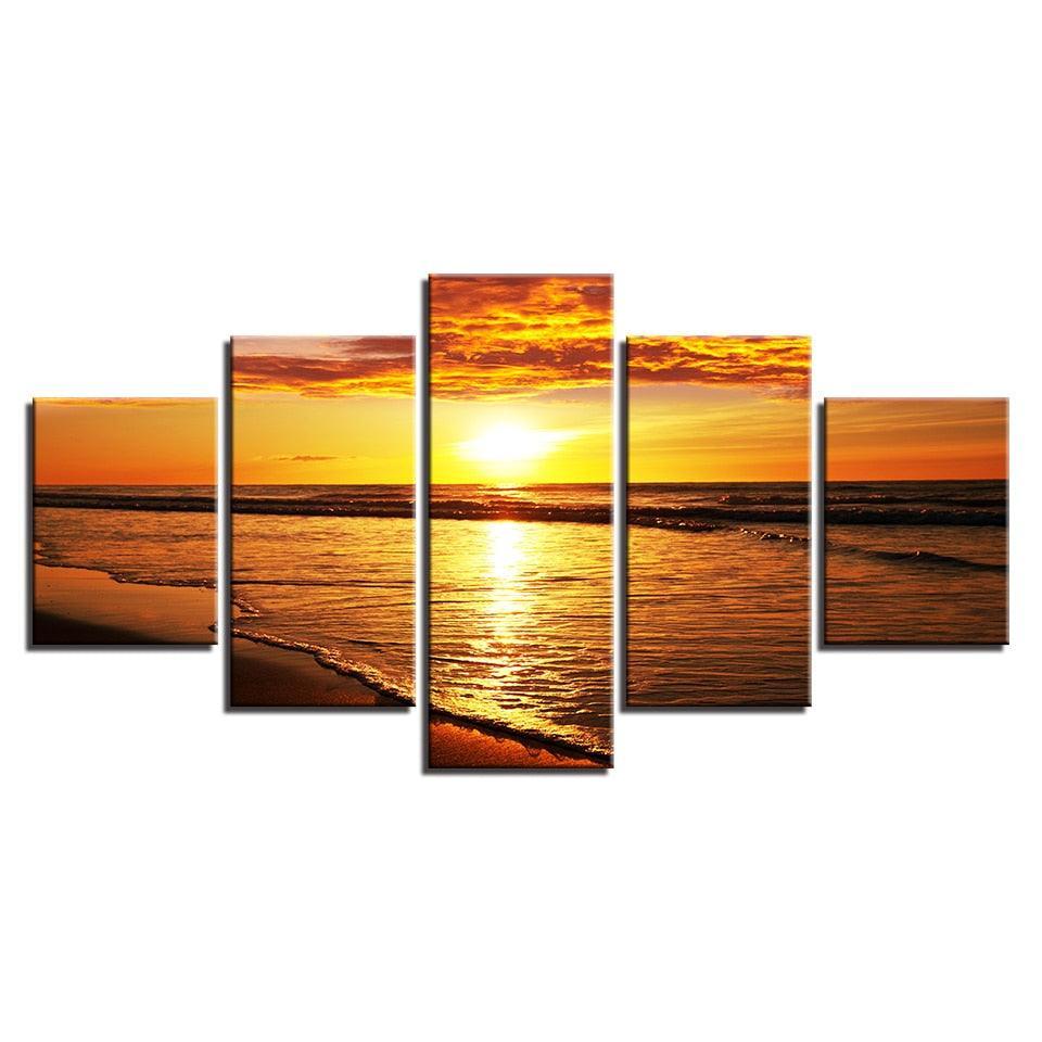 Sunset Beach Waves 5 Piece HD Multi Panel Canvas Wall Art Frame-Original Frame