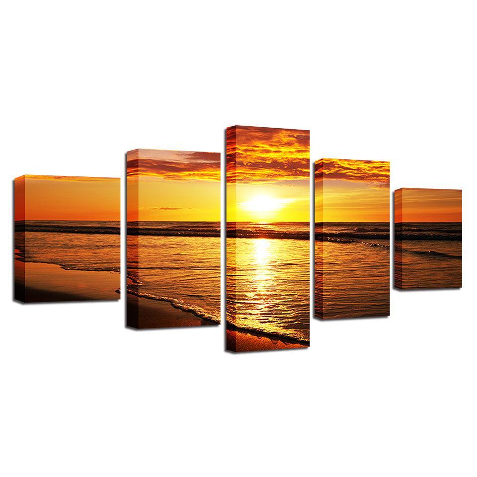 Sunset Beach Waves 5 Piece HD Multi Panel Canvas Wall Art Frame-Original Frame