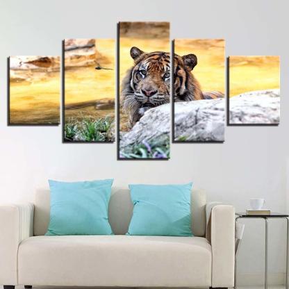 Majestic Tiger 5 Piece HD Multi Panel Canvas Wall Art Frame-Original Frame