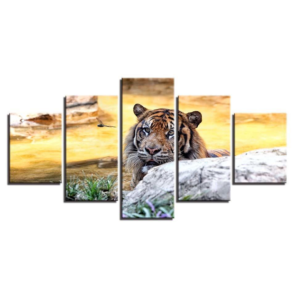 Majestic Tiger 5 Piece HD Multi Panel Canvas Wall Art Frame-Original Frame