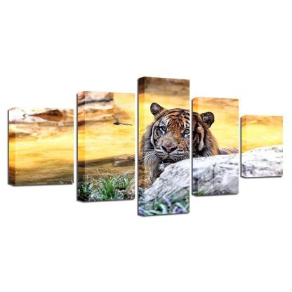 Majestic Tiger 5 Piece HD Multi Panel Canvas Wall Art Frame-Original Frame