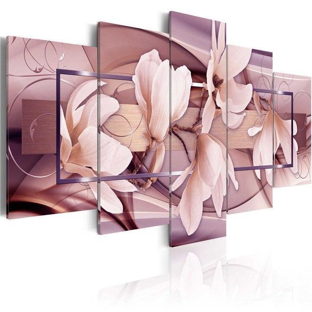 Magnolia Flower 5 Piece HD Multi Panel Canvas Wall Art Frame-Original Frame