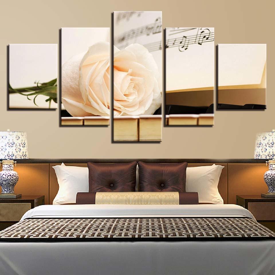 Champagne Rose And Piano 5 Piece HD Multi Panel Canvas Wall Art Frame-Original Frame