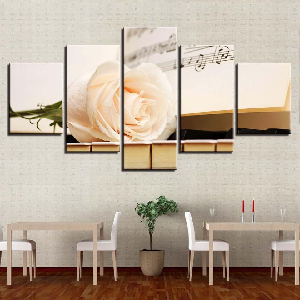 Champagne Rose And Piano 5 Piece HD Multi Panel Canvas Wall Art Frame-Original Frame