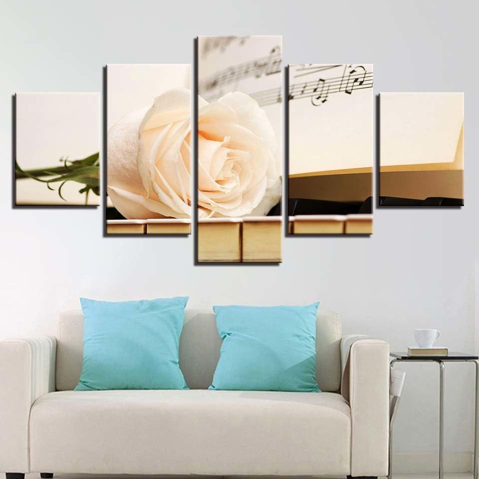 Champagne Rose And Piano 5 Piece HD Multi Panel Canvas Wall Art Frame-Original Frame