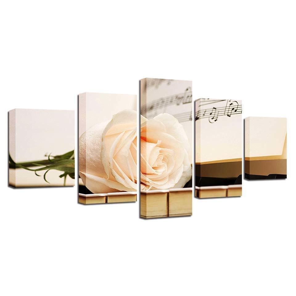 Champagne Rose And Piano 5 Piece HD Multi Panel Canvas Wall Art Frame-Original Frame