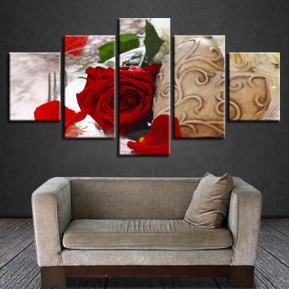 Red Rose Flower 5 Piece HD Multi Panel Canvas Wall Art Frame-Original Frame