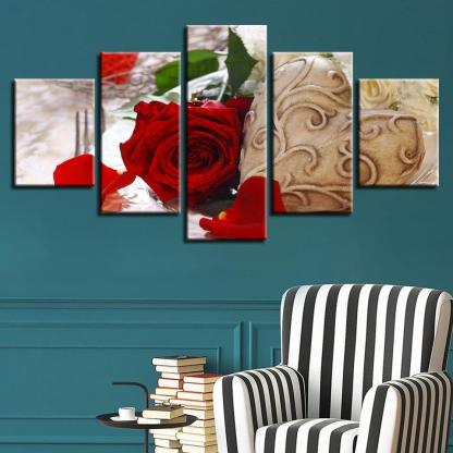 Red Rose Flower 5 Piece HD Multi Panel Canvas Wall Art Frame-Original Frame