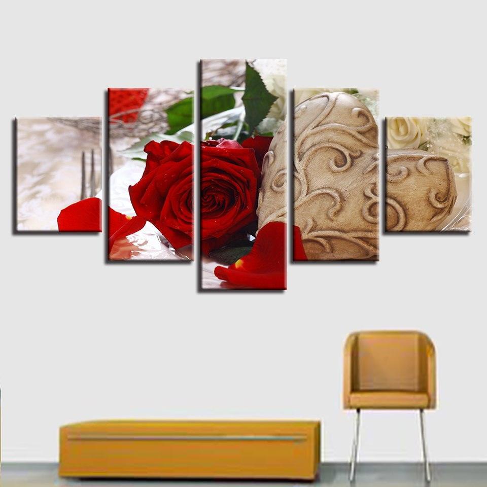 Red Rose Flower 5 Piece HD Multi Panel Canvas Wall Art Frame-Original Frame